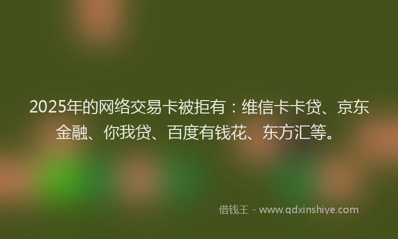 2025年的网络交易卡被拒有：维信卡卡贷、京东金融、你我贷、百度有钱花、东方汇等。