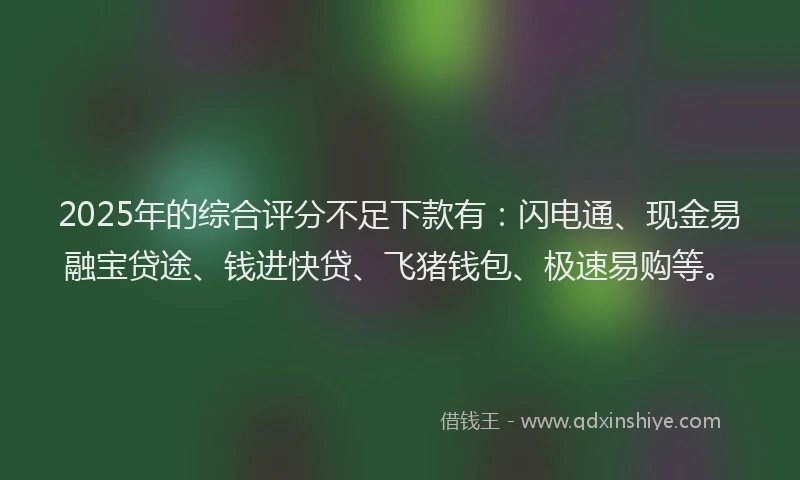 2025年的综合评分不足下款有：闪电通、现金易融宝贷途、钱进快贷、飞猪钱包、极速易购等。
