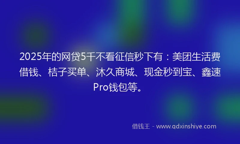 2025年的网贷5千不看征信秒下有：美团生活费借钱、桔子买单、沐久商城、现金秒到宝、鑫速Pro钱包等。