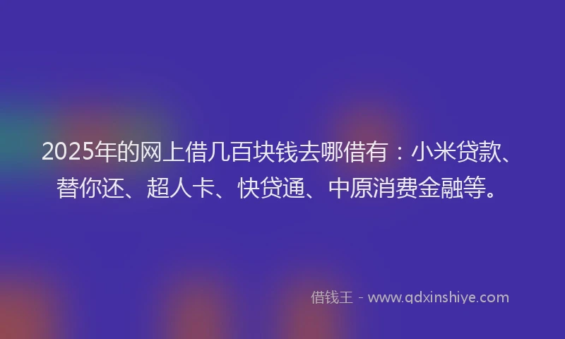 2025年的网上借几百块钱去哪借有：小米贷款、替你还、超人卡、快贷通、中原消费金融等。