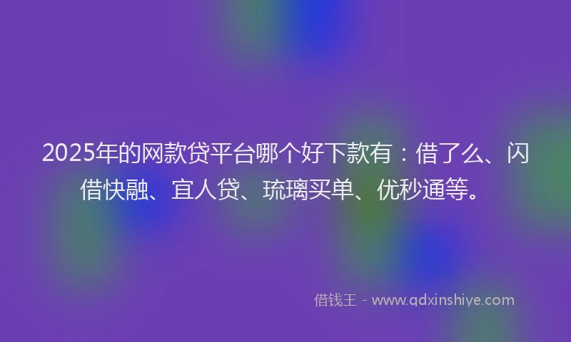 2025年的网款贷平台哪个好下款有：借了么、闪借快融、宜人贷、琉璃买单、优秒通等。