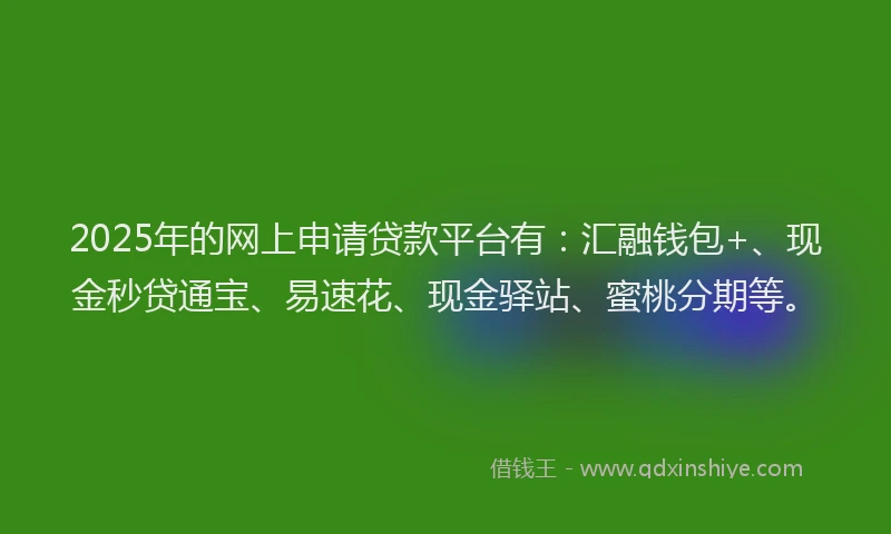 2025年的网上申请贷款平台有：汇融钱包+、现金秒贷通宝、易速花、现金驿站、蜜桃分期等。