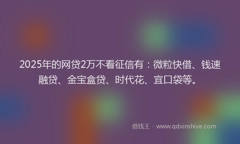 2025年的网贷2万不看征信有：微粒快借、钱速融贷、金宝盒贷、时代花、宜口袋等。