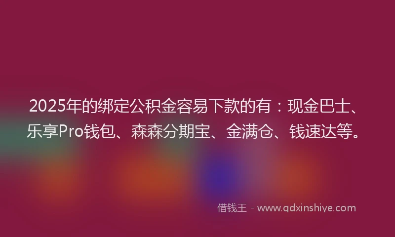 2025年的绑定公积金容易下款的有：现金巴士、乐享Pro钱包、森森分期宝、金满仓、钱速达等。