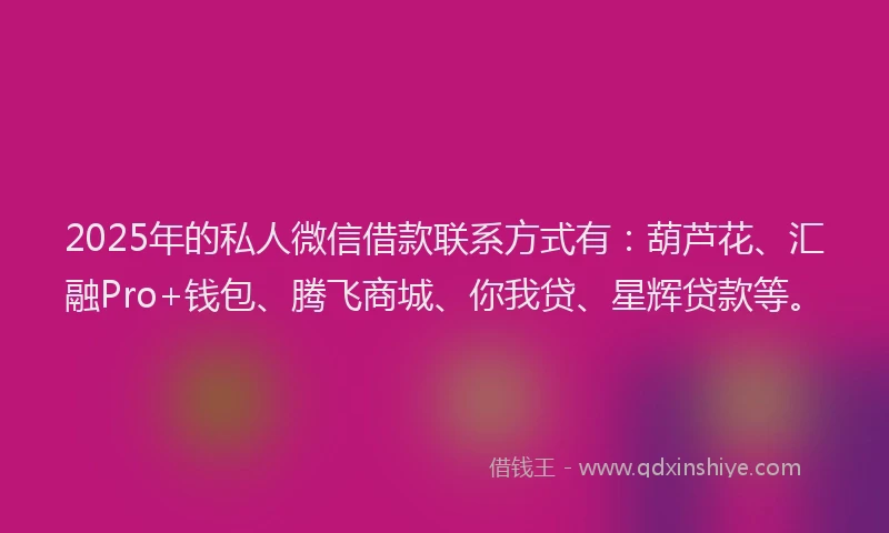 2025年的私人微信借款联系方式有：葫芦花、汇融Pro+钱包、腾飞商城、你我贷、星辉贷款等。