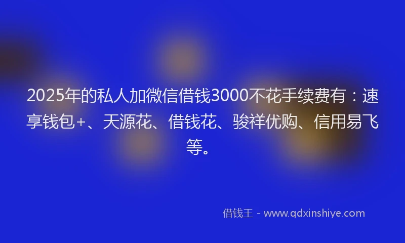 2025年的私人加微信借钱3000不花手续费有：速享钱包+、天源花、借钱花、骏祥优购、信用易飞等。