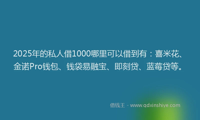 2025年的私人借1000哪里可以借到有：喜米花、金诺Pro钱包、钱袋易融宝、即刻贷、蓝莓贷等。