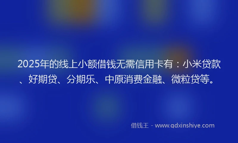 2025年的线上小额借钱无需信用卡有：小米贷款、好期贷、分期乐、中原消费金融、微粒贷等。