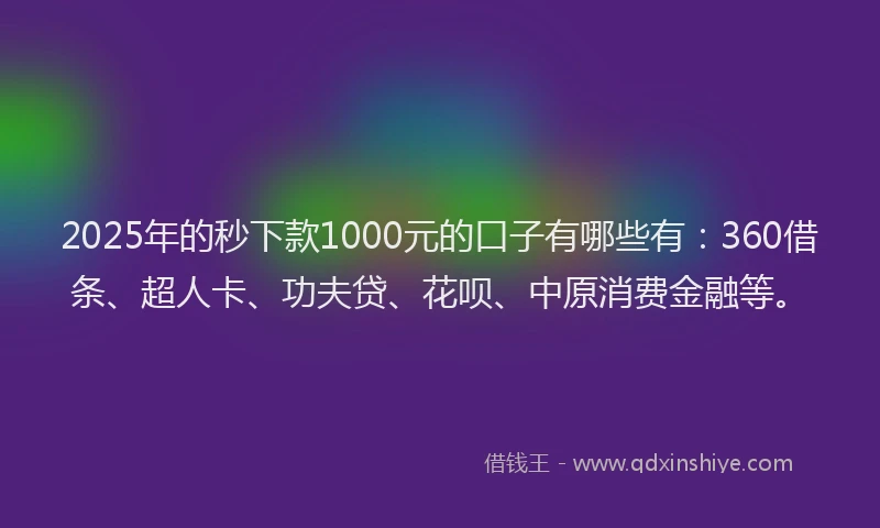 2025年的秒下款1000元的口子有哪些有：360借条、超人卡、功夫贷、花呗、中原消费金融等。
