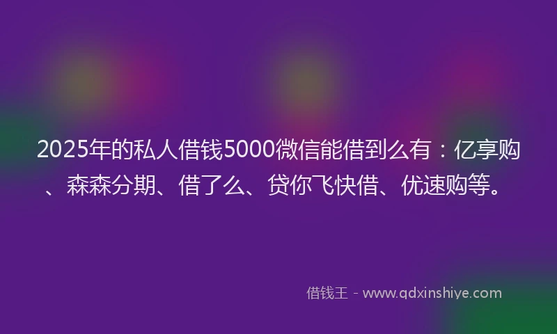 2025年的私人借钱5000微信能借到么有：亿享购、森森分期、借了么、贷你飞快借、优速购等。