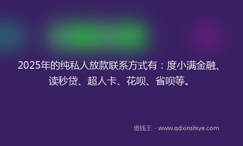 2025年的纯私人放款联系方式有：度小满金融、读秒贷、超人卡、花呗、省呗等。
