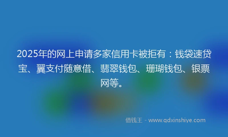 2025年的网上申请多家信用卡被拒有：钱袋速贷宝、翼支付随意借、翡翠钱包、珊瑚钱包、银票网等。