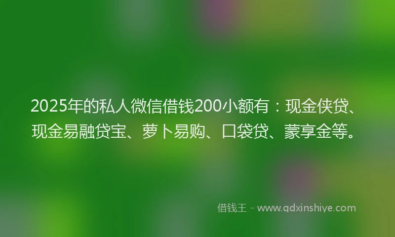 2025年的私人微信借钱200小额有：现金侠贷、现金易融贷宝、萝卜易购、口袋贷、蒙享金等。