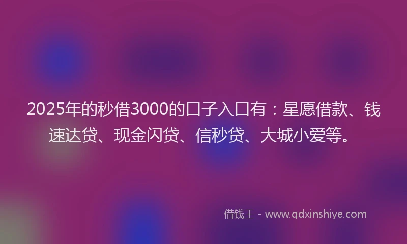 2025年的秒借3000的口子入口有：星愿借款、钱速达贷、现金闪贷、信秒贷、大城小爱等。