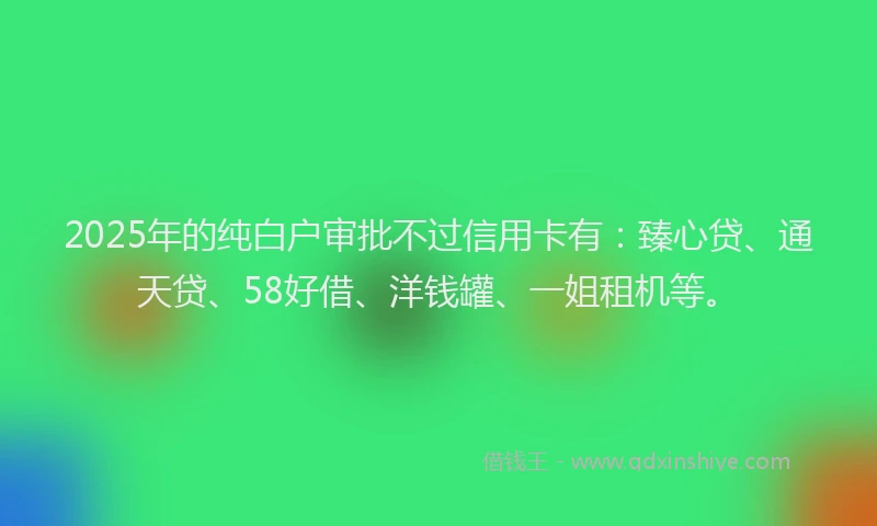 2025年的纯白户审批不过信用卡有：臻心贷、通天贷、58好借、洋钱罐、一姐租机等。