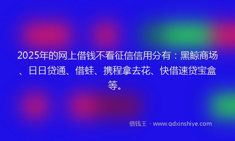2025年的网上借钱不看征信信用分有：黑鲸商场、日日贷通、借蛙、携程拿去花、快借速贷宝盒等。