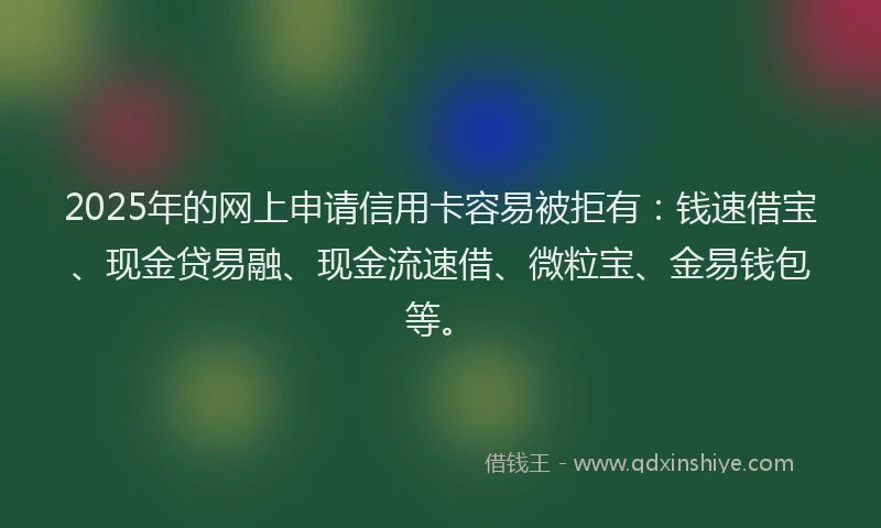2025年的网上申请信用卡容易被拒有：钱速借宝、现金贷易融、现金流速借、微粒宝、金易钱包等。