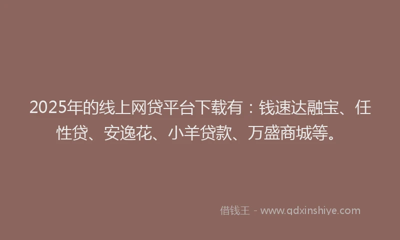 2025年的线上网贷平台下载有：钱速达融宝、任性贷、安逸花、小羊贷款、万盛商城等。
