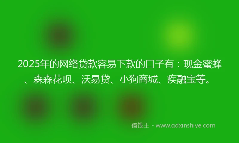 2025年的网络贷款容易下款的口子有:现金蜜蜂、森森花呗、沃易贷、小狗商城、疾融宝等。