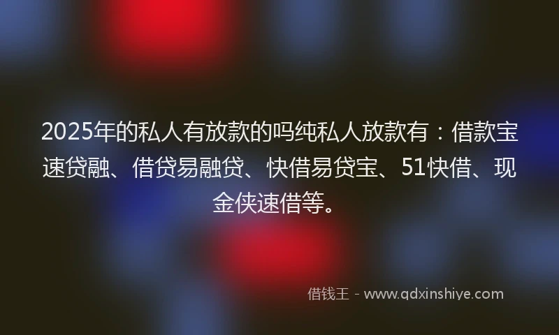 2025年的私人有放款的吗纯私人放款有：借款宝速贷融、借贷易融贷、快借易贷宝、51快借、现金侠速借等。