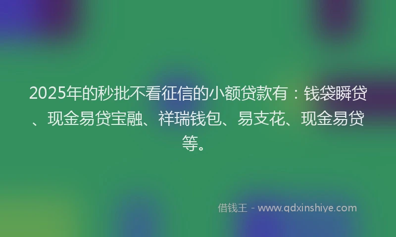2025年的秒批不看征信的小额贷款有：钱袋瞬贷、现金易贷宝融、祥瑞钱包、易支花、现金易贷等。