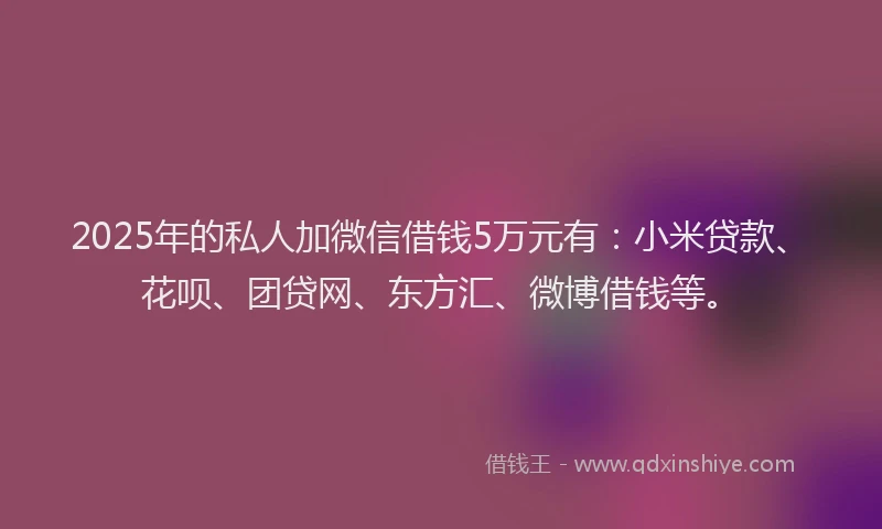 2025年的私人加微信借钱5万元有：小米贷款、花呗、团贷网、东方汇、微博借钱等。