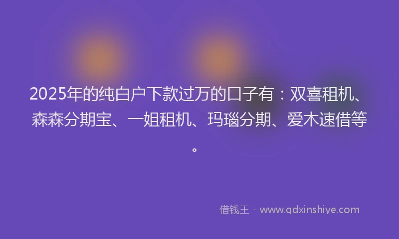 2025年的纯白户下款过万的口子有：双喜租机、森森分期宝、一姐租机、玛瑙分期、爱木速借等。