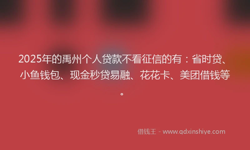 2025年的禹州个人贷款不看征信的有：省时贷、小鱼钱包、现金秒贷易融、花花卡、美团借钱等。