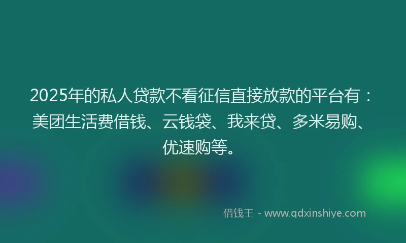 2025年的私人贷款不看征信直接放款的平台有：美团生活费借钱、云钱袋、我来贷、多米易购、优速购等。