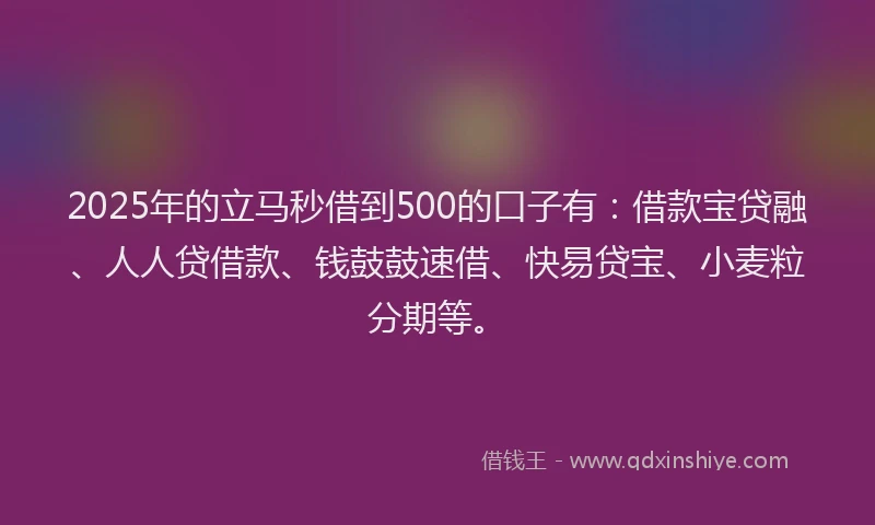 2025年的立马秒借到500的口子有：借款宝贷融、人人贷借款、钱鼓鼓速借、快易贷宝、小麦粒分期等。