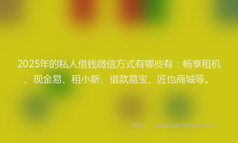 2025年的私人借钱微信方式有哪些有：畅享租机、现金易、租小新、借款易宝、匠也商城等。