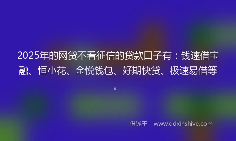 2025年的网贷不看征信的贷款口子有：钱速借宝融、恒小花、金悦钱包、好期快贷、极速易借等。