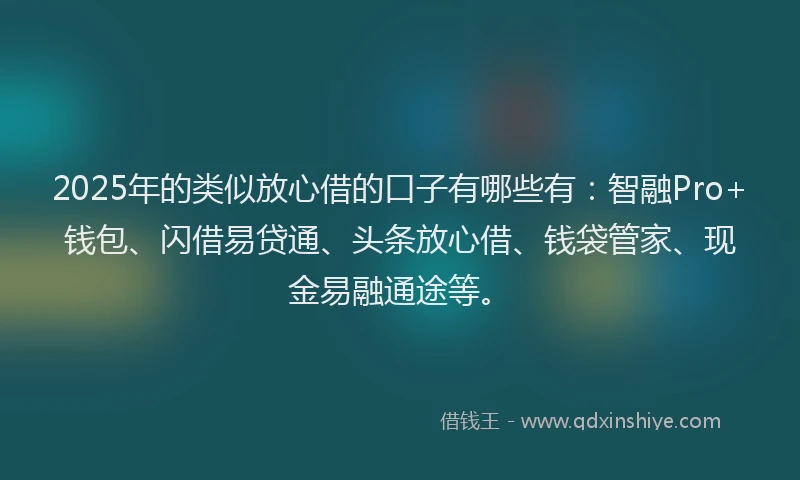 2025年的类似放心借的口子有哪些有：智融Pro+钱包、闪借易贷通、头条放心借、钱袋管家、现金易融通途等。