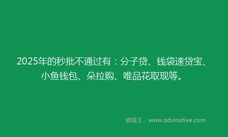 2025年的秒批不通过有：分子贷、钱袋速贷宝、小鱼钱包、朵拉购、唯品花取现等。