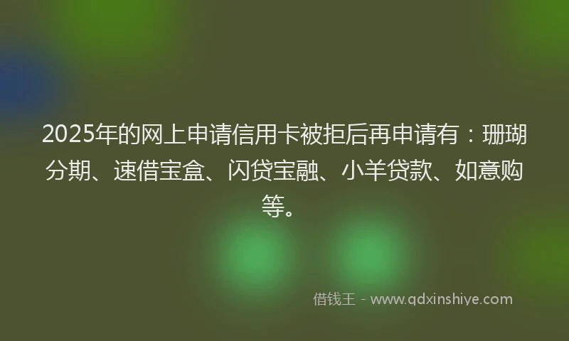 2025年的网上申请信用卡被拒后再申请有：珊瑚分期、速借宝盒、闪贷宝融、小羊贷款、如意购等。