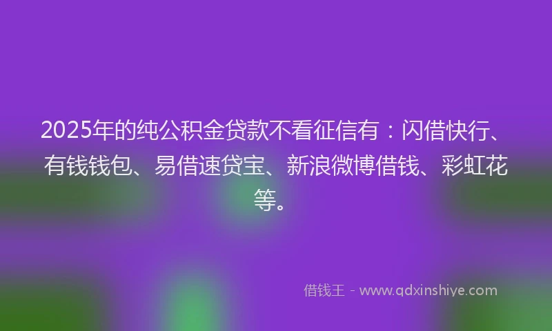2025年的纯公积金贷款不看征信有：闪借快行、有钱钱包、易借速贷宝、新浪微博借钱、彩虹花等。