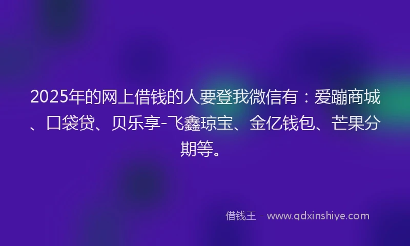 2025年的网上借钱的人要登我微信有：爱蹦商城、口袋贷、贝乐享-飞鑫琼宝、金亿钱包、芒果分期等。