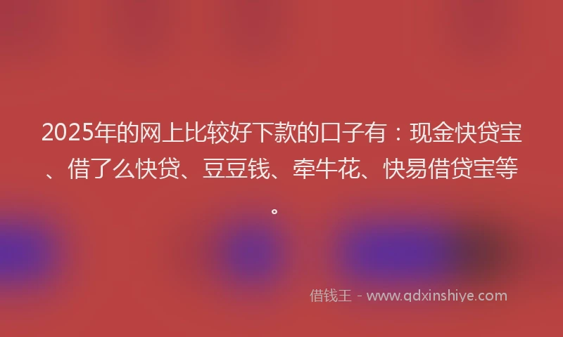 2025年的网上比较好下款的口子有：现金快贷宝、借了么快贷、豆豆钱、牵牛花、快易借贷宝等。