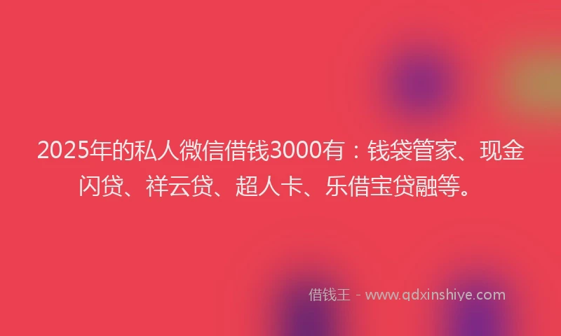 2025年的私人微信借钱3000有：钱袋管家、现金闪贷、祥云贷、超人卡、乐借宝贷融等。