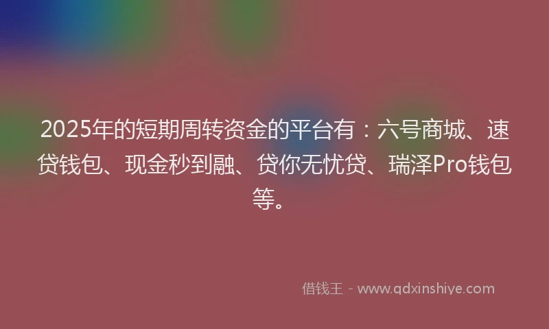 2025年的短期周转资金的平台有：六号商城、速贷钱包、现金秒到融、贷你无忧贷、瑞泽Pro钱包等。