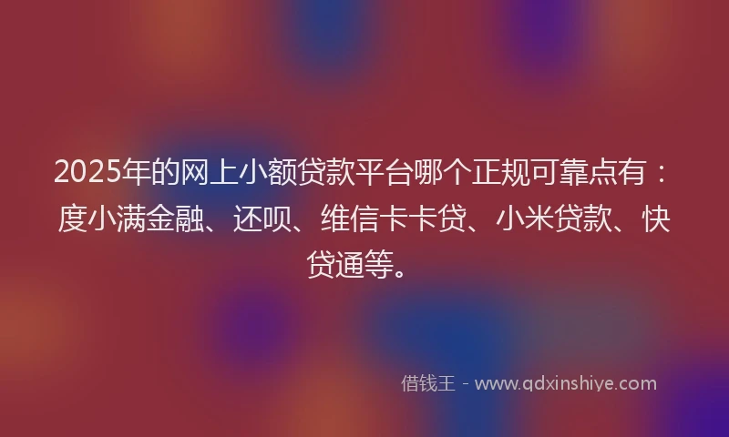 2025年的网上小额贷款平台哪个正规可靠点有：度小满金融、还呗、维信卡卡贷、小米贷款、快贷通等。