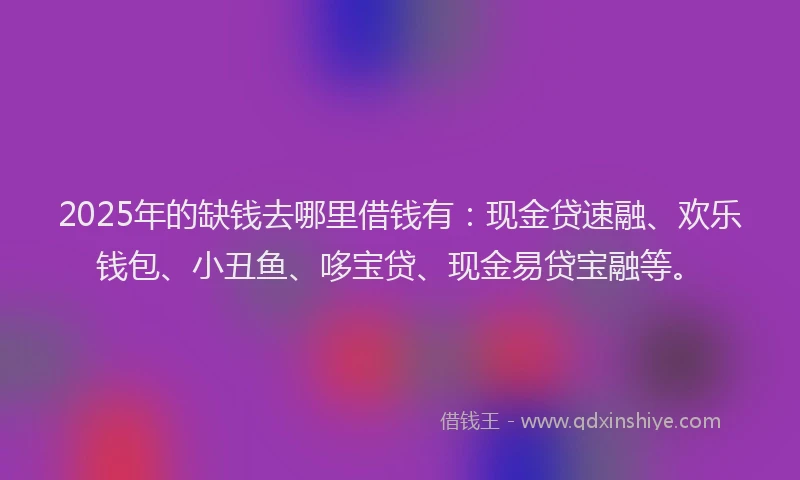 2025年的缺钱去哪里借钱有：现金贷速融、欢乐钱包、小丑鱼、哆宝贷、现金易贷宝融等。