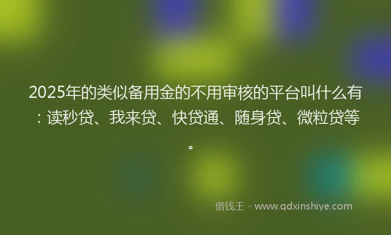 2025年的类似备用金的不用审核的平台叫什么有：读秒贷、我来贷、快贷通、随身贷、微粒贷等。