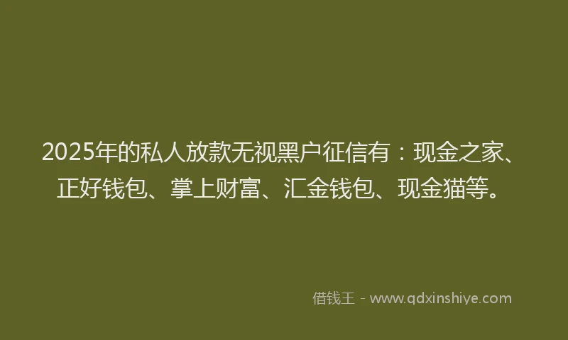 2025年的私人放款无视黑户征信有：现金之家、正好钱包、掌上财富、汇金钱包、现金猫等。