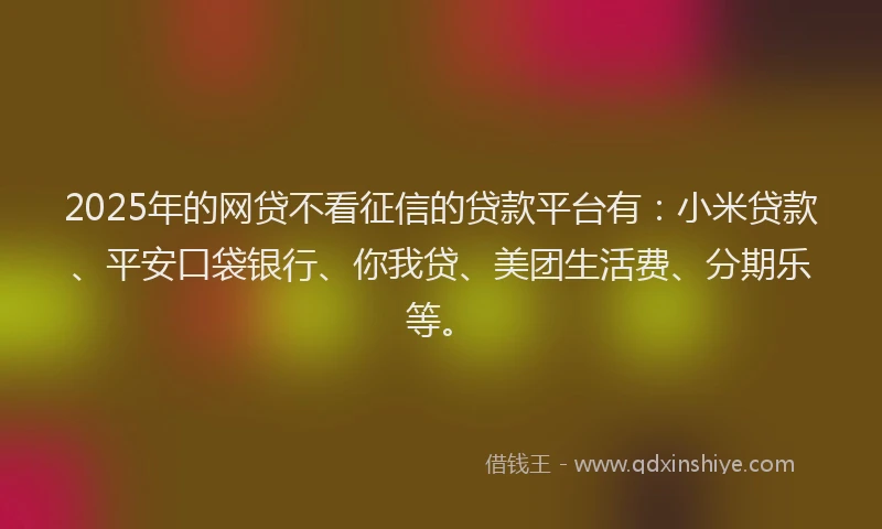 2025年的网贷不看征信的贷款平台有：小米贷款、平安口袋银行、你我贷、美团生活费、分期乐等。