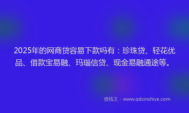 2025年的网商贷容易下款吗有：珍珠贷、轻花优品、借款宝易融、玛瑙信贷、现金易融通途等。