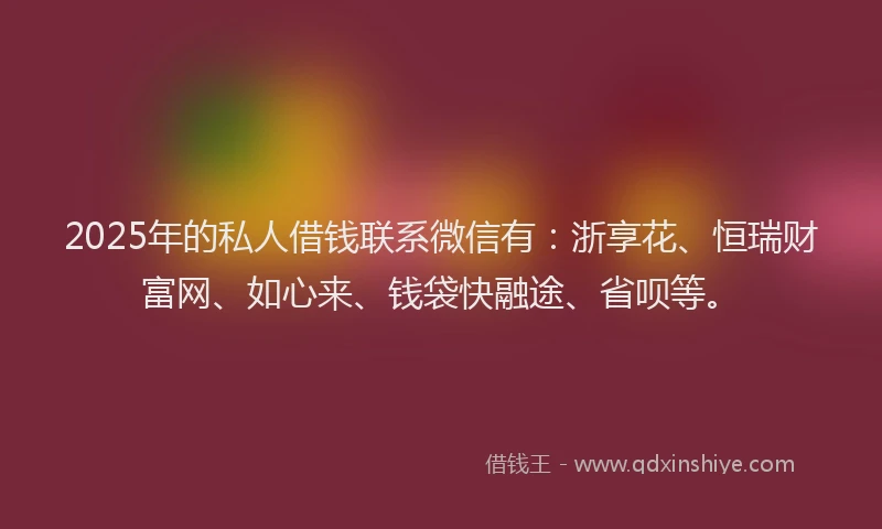 2025年的私人借钱联系微信有：浙享花、恒瑞财富网、如心来、钱袋快融途、省呗等。
