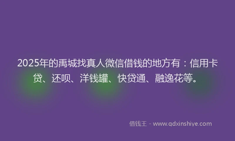 2025年的禹城找真人微信借钱的地方有：信用卡贷、还呗、洋钱罐、快贷通、融逸花等。