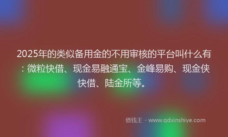 2025年的类似备用金的不用审核的平台叫什么有：微粒快借、现金易融通宝、金峰易购、现金侠快借、陆金所等。