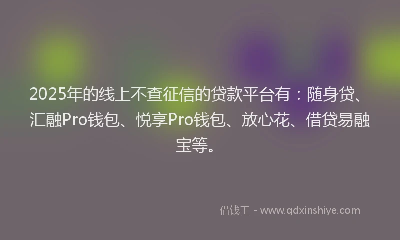 2025年的线上不查征信的贷款平台有：随身贷、汇融Pro钱包、悦享Pro钱包、放心花、借贷易融宝等。